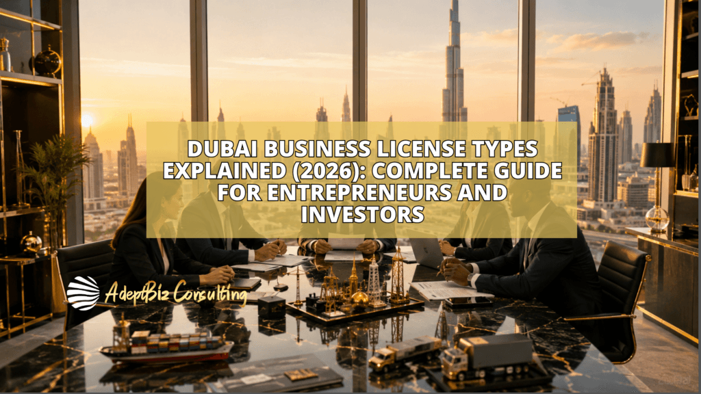 Modern Dubai business district representing different UAE business license types with premium corporate offices and entrepreneurs.