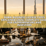 Modern Dubai business district representing different UAE business license types with premium corporate offices and entrepreneurs.