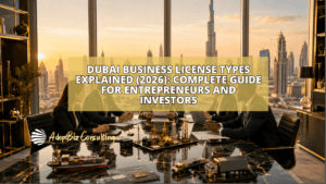 Modern Dubai business district representing different UAE business license types with premium corporate offices and entrepreneurs.