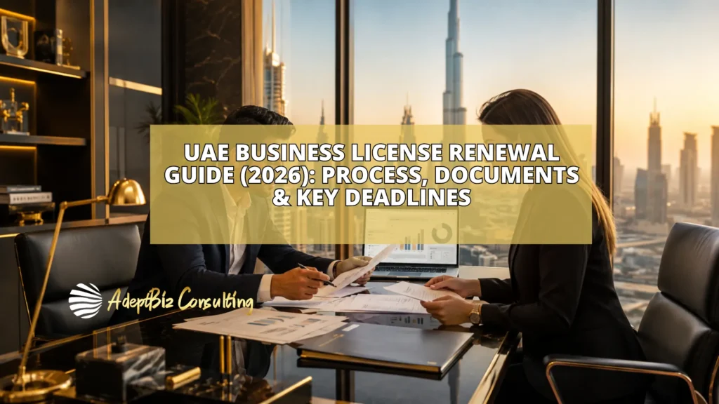 Business professionals reviewing UAE business license renewal documents in a modern Dubai office