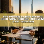 Business professionals reviewing UAE business license renewal documents in a modern Dubai office