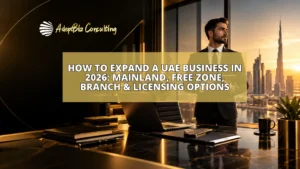 UAE business expansion strategy with Dubai skyline and executive office