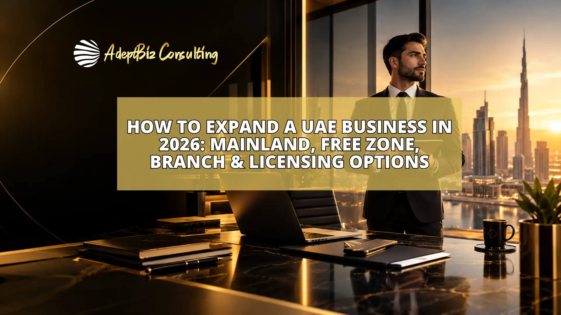 UAE business expansion strategy with Dubai skyline and executive office